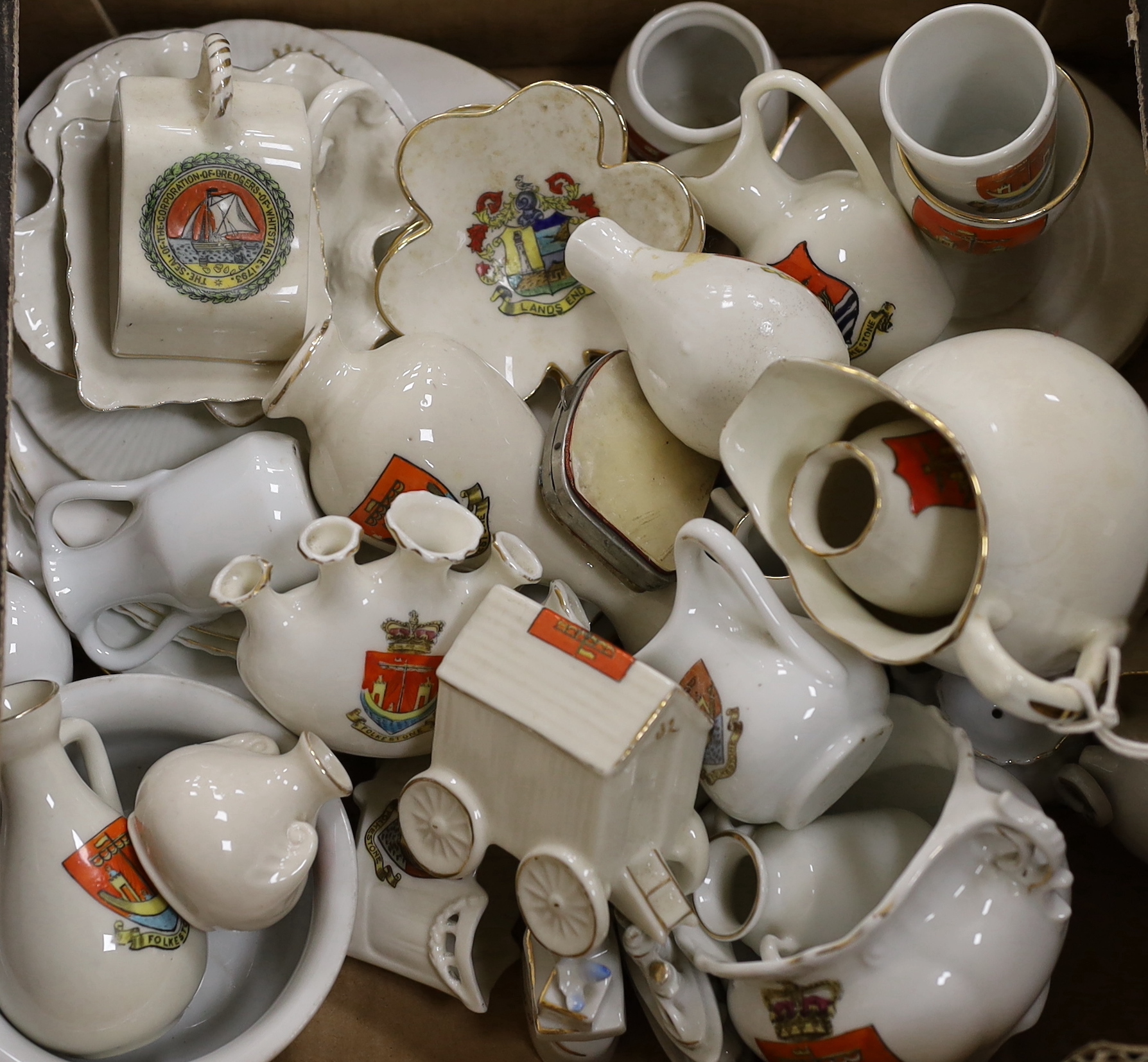 55 items Crested china, Folkestone, Whitstable, Leamington Spa, Channel Tunnel, etc